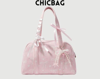 Pink Corduroy Bow Tote Bag – Kawaii Soft Aesthetic Handbag with Ribbons & Pearls, Cute Fall Shoulder Bag for Women
