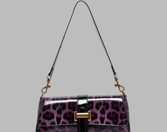 Purple Leopard Print Baguette Shoulder Bag, Glossy Finish, Gold-Tone Clasp