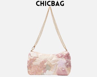 Sequin Shoulder Bag: Floral Embroidered Bridal Clutch with Gold Chain