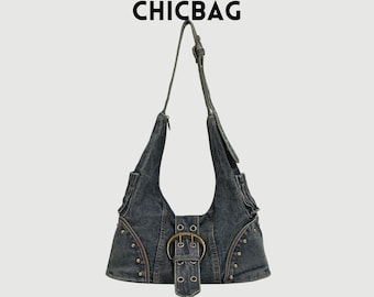 Bolso bandolera estilo punk vaquero Y2K – Bolso tote gótico con cinturón y tachuelas, bolso urbano con correa ajustable