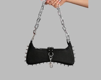 Black Studded Shoulder Bag with Silver Chain Strap, Punk Baguette Purse