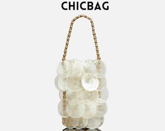 Shell Disc Top Handle Bag: Beaded Gold Elegant Coastal Purse