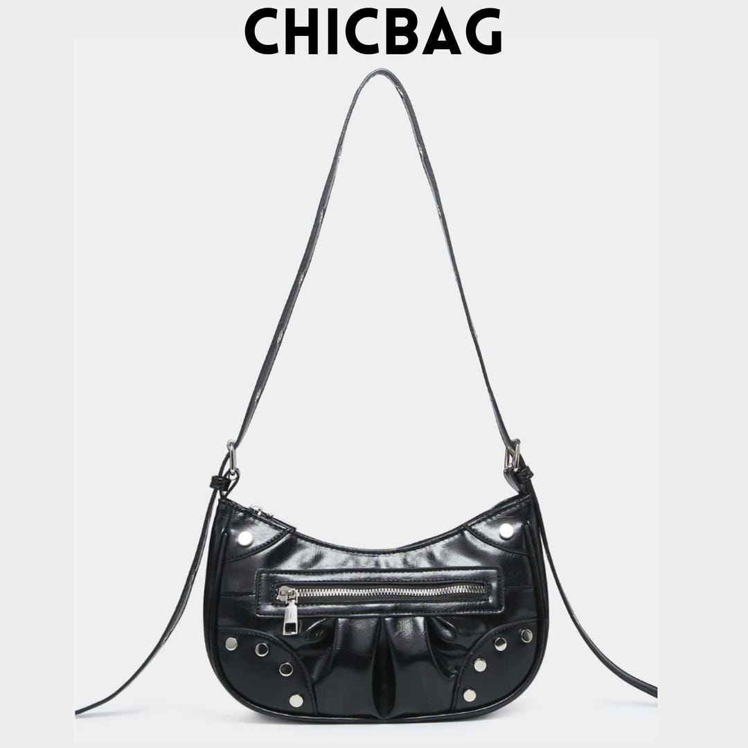 バッグ hobo one shoulder bag studs y2k grunge Edgy Black Studded Hobo Bag – Rock Style Ruched Shoulder