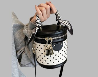 Black and White Polka Dot Bucket Bag with Scarf Handle