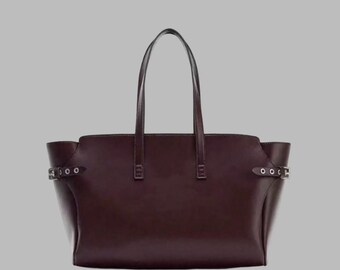 Burgundy Structured Tote Bag, Top Handle Handbag with Side Buckle Details