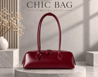 Burgundy Structured Shoulder Bag with Long Handles, Baguette Style Handbag