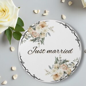 Just Married Floral Ceramic Coaster, Black and Gold, Rustic Wedding Decor, Bridal Shower Gift, Home Accessories, Present, Engagement