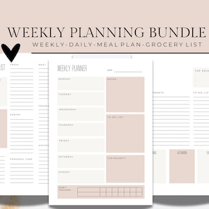 Printable Weekly Planner, To Do List, Meal Planner, Grocery List, Weekly Planner, Weekly Organiser, Weekly Notepad, Daily Planner