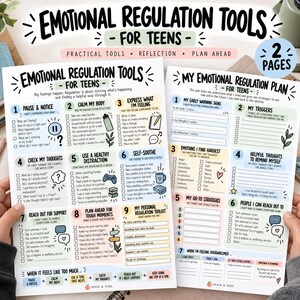Può includere: Due fogli stampati intitolati Emotional Regulation Tools for Teens con liste numerate, spunti di riflessione e spazio per scrivere strategie personali. I documenti includono icone come una borraccia, un controller di gioco e un cuore.