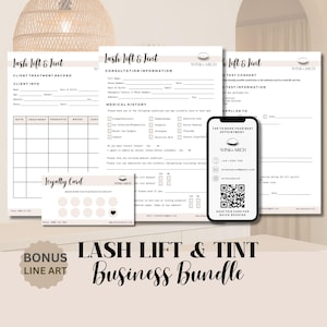 May include: A business bundle for lash lift and tint services. Includes client forms, consultation information, a test consent form, and a loyalty card. A smartphone displays contact information and a QR code for quick booking. The bundle is labelled "Bonus Line Art".