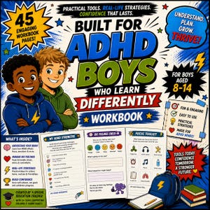 May include: A workbook titled Built for ADHD Boys Who Learn Differently, featuring illustrations of two smiling boys, 45 engaging workbook pages, and sections on focus toolkits, big feelings check-ins, and ADHD strengths for ages 8-14.