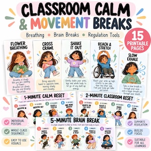 Puede incluir: Un conjunto de 15 pósteres imprimibles para el aula sobre pausas de calma y movimiento, con ilustraciones de niños realizando actividades como respiración de flor, gateo cruzado, estiramientos y exhalación lenta, junto con textos instructivos.