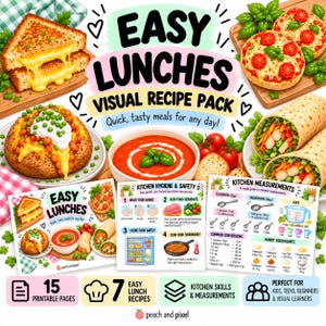 Puede incluir: Un paquete de recetas visuales titulado EASY LUNCHES con ilustraciones de sándwiches de queso, mini pizzas, papa al horno, sopa de tomate y wraps. Incluye páginas sobre higiene, seguridad y medidas en la cocina con texto y gráficos.