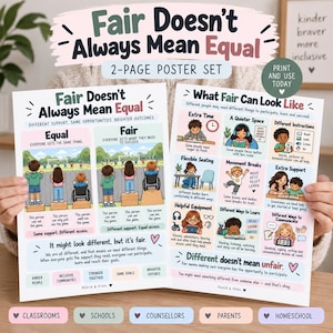 Puede incluir: Un conjunto de dos pósteres educativos titulado Fair Doesn't Always Mean Equal. Los pósteres presentan ilustraciones coloridas y texto que explican conceptos de equidad, inclusión y diversas necesidades de aprendizaje para aulas y hogares.