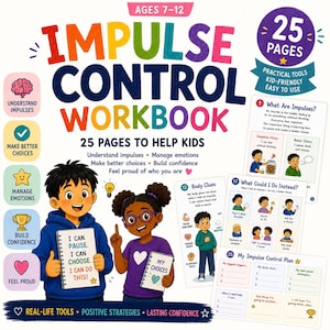 Op de afbeelding: Een werkboek voor impulsbeheersing voor 7-12 jarigen met 25 pagina's aan hulpmiddelen. De kaft toont twee kinderen met notitieboekjes, kleurrijke tekst en iconen voor het begrijpen van impulsen, keuzes maken en emoties beheren.