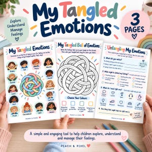 May include: Three printable activity sheets titled My Tangled Emotions, featuring colourful illustrations of diverse children expressing various feelings, a black and white line art ball of tangled strands to colour, and a guided reflection worksheet.