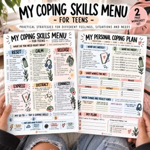 Op de afbeelding: Twee witte papieren werkbladen met de titels My Coping Skills Menu for Teens en My Personal Coping Plan. De pagina's bevatten zwarte tekst, selectievakjes en kleurrijke illustraties van items zoals een koptelefoon, sneakers, een boek en een gamecontroller.