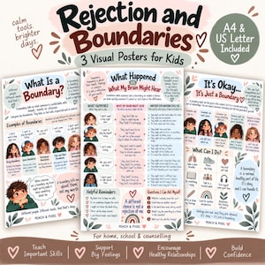 Puede incluir: Tres pósteres educativos titulados Rejection and Boundaries para niños, con ilustraciones de niños, texto que explica los límites y estrategias de afrontamiento. Los pósteres incluyen secciones como What Is a Boundary, What Happened vs What My Brain Might Hear e It's Okay, It's Just a Boundary.