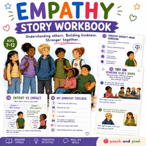 Puede incluir: El libro de ejercicios Empathy Story Workbook presenta ilustraciones coloridas de diversos niños, incluido uno en silla de ruedas. La portada incluye el texto Understanding others. Building kindness. Stronger together, junto con páginas de actividades sobre intención, impacto y herramientas de empatía para edades de 7 a 12 años.
