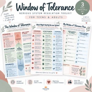 May include: A three-page printable set titled Window of Tolerance Nervous System Regulation Toolkit for Teens & Adults. The pages feature charts, text, and icons explaining nervous system states, regulation strategies, and a personal plan.