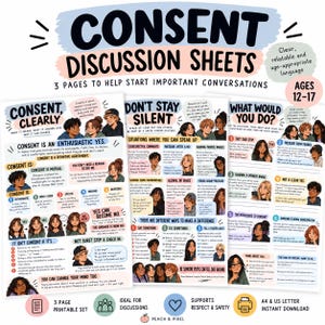 Könnte beinhalten: Drei pädagogische Diskussionsblätter mit den Titeln Consent, Clearly, Don't Stay Silent und What Would You Do? mit illustrierten Charakteren und Texten, um Gespräche über Zustimmung für 12- bis 17-Jährige zu beginnen.