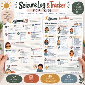 Könnte beinhalten: Ein zweiseitiges, ausdruckbares Anfallsprotokoll und Tracker-Set für Kinder. Die Dokumente enthalten Abschnitte zur Erfassung von Datum, Uhrzeit, Anfallsart, Auslösern, Bewusstsein, Körperbewegungen und Erholung mit Illustrationen.