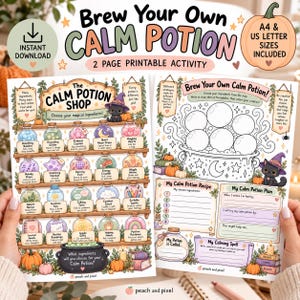 May include: A two-page printable activity titled Brew Your Own Calm Potion, featuring a shop with illustrated potion bottles, a cauldron, and a black cat in a purple hat. Includes sections for recipes, plans, and spells in A4 and US letter sizes.