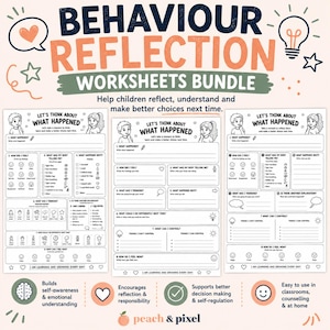 Puede incluir: Un paquete digital de tres hojas de trabajo de reflexión sobre el comportamiento en blanco y negro con el título BEHAVIOUR REFLECTION WORKSHEETS BUNDLE. Cada página incluye el encabezado LET'S THINK ABOUT WHAT HAPPENED y secciones para escribir sobre sentimientos, pensamientos y acciones, con iconos de emociones.
