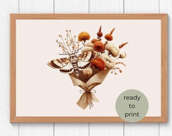 Butterfly Wall Art Digital Print: Boho Moth Floral Wildflower Decor