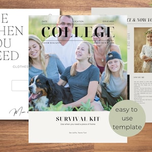 Peut inclure: Un collage de documents imprimés avec le texte "USE WHEN YOU NEED" et "COLLEGE COVER MAGAZINE". L'image comprend une famille avec un chien, une jeune fille et les mots "SURVIVAL KIT". La phrase "easy to use template" est également visible.