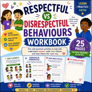 Könnte beinhalten: Ein farbenfrohes pädagogisches Arbeitsbuch mit dem Titel Respectful vs Disrespectful Behaviours und Illustrationen von Kindern. Das Cover enthält Text über Lernen und Wachstum sowie Vorschauen auf Aktivitätsseiten zu Freundlichkeit und sozialen Fähigkeiten.