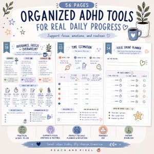 May include: A set of 56 pages of organized ADHD tools for daily progress, featuring three printable planner sheets titled Avoidance, Freeze or Overwhelm, Time Estimation, and Focus Sprint Planner with blue, purple, and orange text and icons.