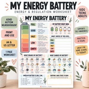 May include: A My Energy Battery worksheet featuring a vertical battery gauge with colour-coded levels from full green to empty red. The document includes sections for tracking energy levels, identifying drains and charges, and self-regulation strategies.