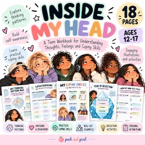 May include: A 18-page teen workbook titled Inside My Head for ages 12-17, featuring illustrations of diverse youth and sample activity pages covering thinking patterns, coping choices, fear of rejection, and personal action plans.