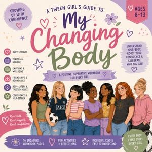 May include: A book titled A Tween Girl's Guide to My Changing Body, featuring a colorful cover with illustrations of seven diverse girls. The text includes topics like body changes, periods, emotions, and friendships, designed for ages 8-13.