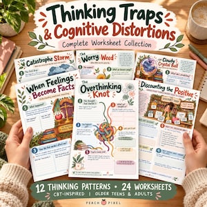 CBT Cognitive Distortions Worksheets Bundle | 24 Thinking Traps Printables | Negative Thought Reframing | Therapy Worksheets Teens & Adults