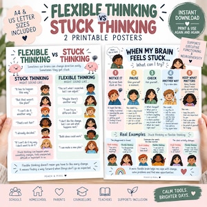 Puede incluir: Dos pósteres educativos titulados Flexible Thinking vs Stuck Thinking y When My Brain Feels Stuck. Los gráficos presentan ilustraciones coloridas de niños, ejemplos de patrones de pensamiento y una guía de cinco pasos para la regulación emocional.