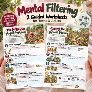May include: Two printed mental health worksheets titled Mental Filtering 2 Guided Worksheets for Teens & Adults. The pages feature illustrations of gardens, magnifying glasses, and numbered sections with prompts to reframe negative thoughts.