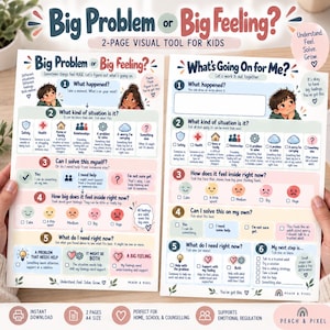 May include: A two-page visual tool for kids titled Big Problem or Big Feeling, featuring numbered steps to identify situations and emotions. The worksheets include checkboxes, illustrated icons for safety, health, and family, and a scale of facial expressions to help children process feelings and determine next steps.