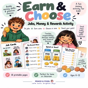 Könnte beinhalten: Earn & Choose Jobs, Money & Rewards Aktivitätsset mit 18 druckbaren Seiten für Kinder im Alter von 6-12 Jahren. Enthält illustrierte Aufgabenkarten, ein Belohnungsmenü, Spar-Gläser und druckbare Spielmünzen zur Förderung der Finanzkompetenz.