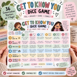 May include: A Get To Know You Dice Game printable sheet featuring a grid of 36 conversation starter questions categorized by topics like All About Me, My Favourites, Fun & Silly, Friends & People, Dreams & Imagination, and Feelings & Wellbeing.