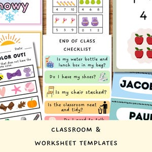 May include: A collection of colorful classroom and worksheet templates. Includes number recognition, odd color out, and end-of-class checklist. Features the words "Snowy", "Odd Color Out!", "End of Class Checklist", "Jacob", "Paul", and "Classroom & Worksheet Templates".