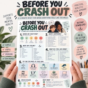 May include: A mental health resource sheet titled BEFORE YOU CRASH OUT, A 5-MINUTE RESET FOR WHEN EVERYTHING FEELS LIKE TOO MUCH. The document features six numbered steps with checklists, emotional scales, and coping strategies for teens.