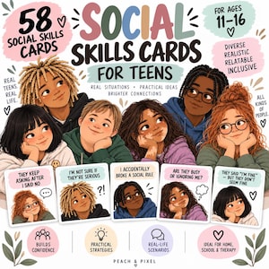 Peut inclure: Un jeu de 58 cartes de compétences sociales pour adolescents illustré de jeunes divers. Les cartes contiennent du texte comme 'They keep asking after I said no', 'I'm not sure if they're serious', 'I accidentally broke a social rule' et 'Are they busy or ignoring me?'