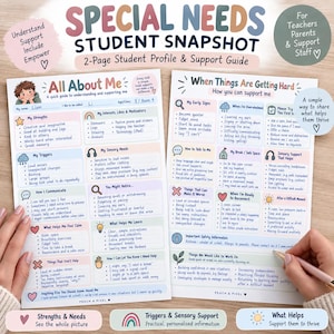 Puede incluir: Una guía de perfil y apoyo para estudiantes con necesidades especiales de dos páginas. El documento incluye secciones tituladas All About Me y When Things Are Getting Hard, con listas de verificación y campos para información, fortalezas, desencadenantes y estrategias.