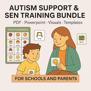 以下が含まれることがあります： 自閉症支援とSENトレーニングバンドルを宣伝するイラスト。教師と生徒が、コア語彙チャートや笑顔の顔のカードなど、視覚補助具とやり取りしている様子が描かれています。テキストには「Autism Support & SEN Training Bundle」と「For Schools and Parents」が含まれています。