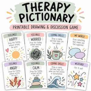 Può includere: Un gioco di disegno e discussione stampabile Therapy Pictionary composto da otto carte bianche con intestazioni e illustrazioni colorate. Le carte mostrano suggerimenti come Feelings, Coping Skills, My World e Wildcard con icone varie.