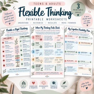 Puede incluir: Tres hojas de trabajo imprimibles tituladas Flexible Thinking para adolescentes y adultos. Las páginas presentan diseños estructurados con texto, pasos numerados y listas de verificación para ayudar a reconocer, regular y avanzar con los pensamientos.