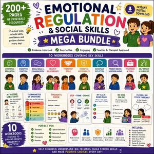 Może przedstawiać: Cyfrowy zestaw materiałów do druku zatytułowany Emotional Regulation & Social Skills Mega Bundle. Zawiera 10 zeszytów ćwiczeń dotyczących m.in. funkcji wykonawczych i umiejętności społecznych, z kolorowymi ilustracjami przedstawiającymi dzieci.
