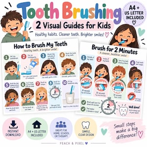 Puede incluir: Dos guías visuales educativas para el cepillado de dientes infantil con ilustraciones coloridas e instrucciones paso a paso. Los carteles incluyen textos como How to Brush My Teeth y Brush for 2 Minutes, en tamaños A4 y US Letter.